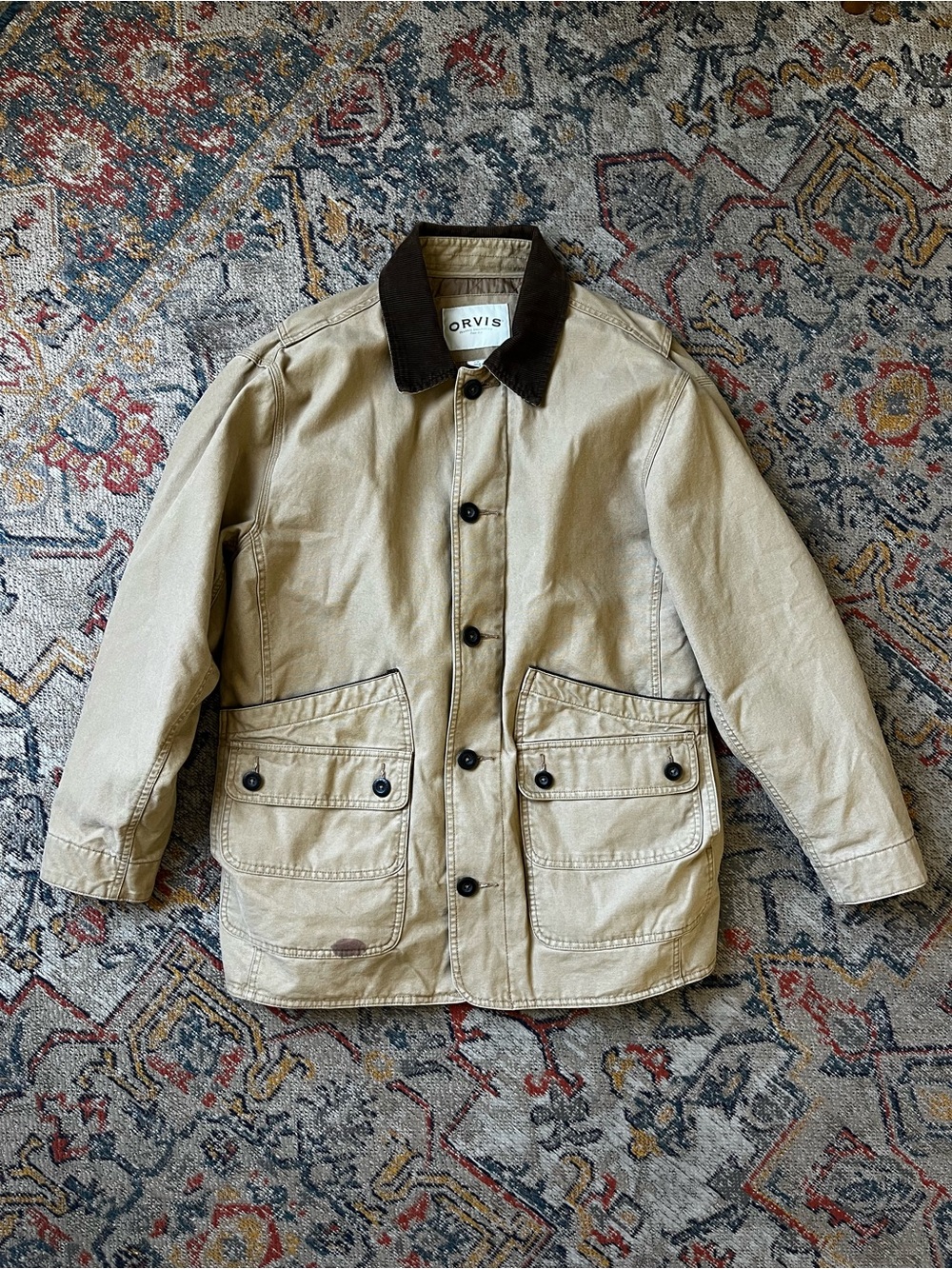 Orvis Men's Tan Barn/Chore Coat Cotton Field Jacket with Corduroy Collar Size L